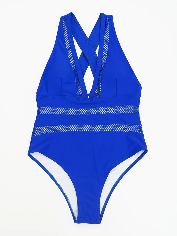Swimsuit With Deep V-Neckline And Mesh Cutouts