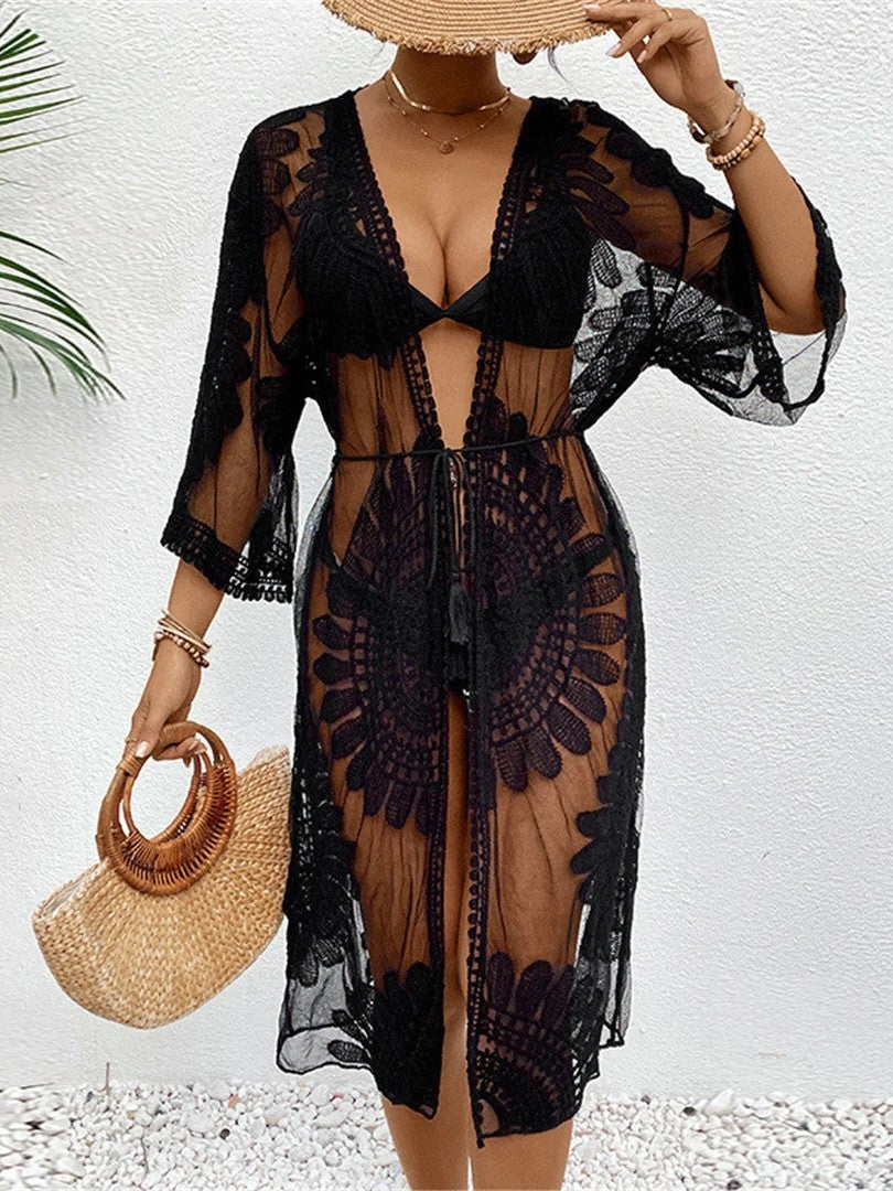 Long Lace Cover-Up With Elegant Sheer Panels