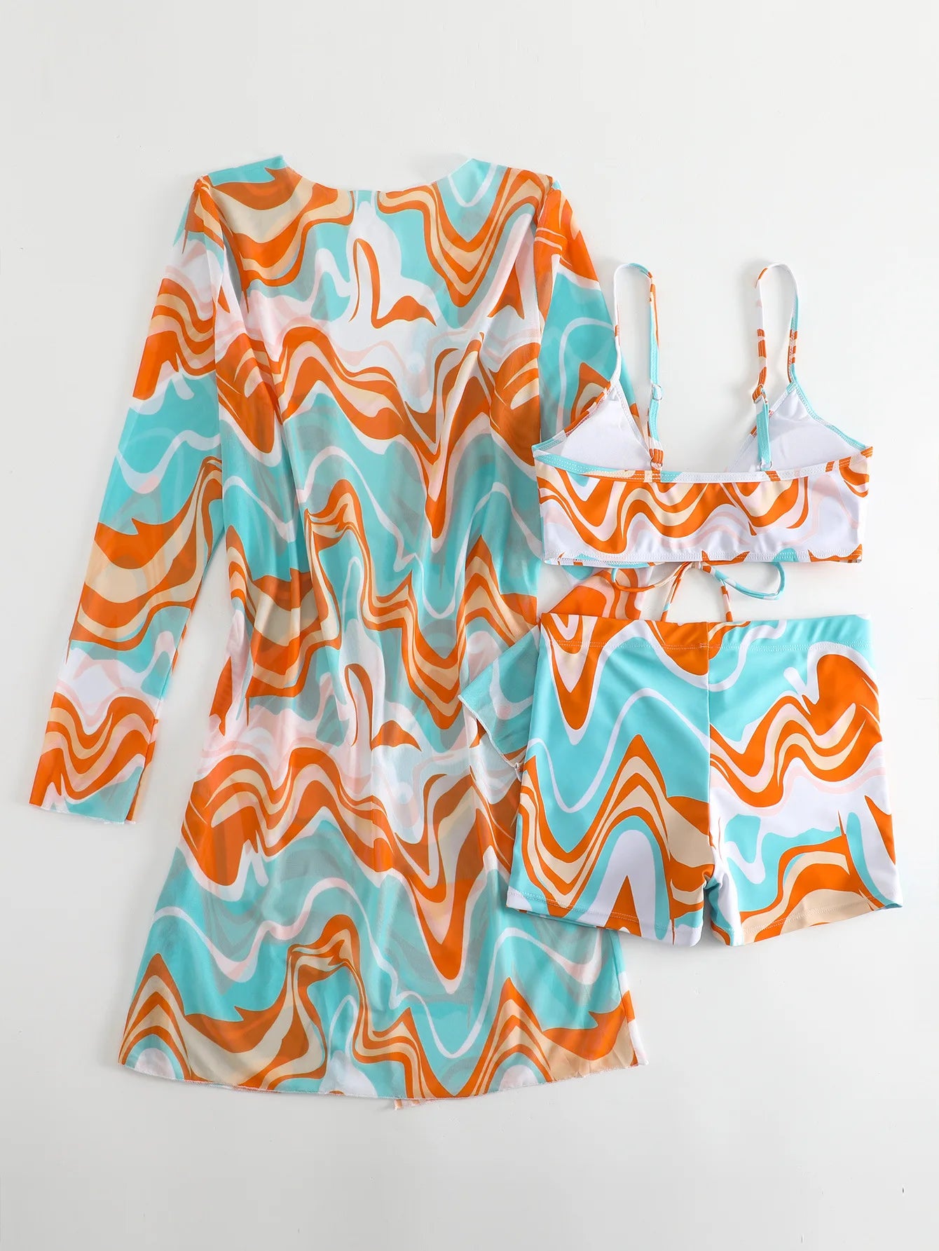 Bikini Set With Shorts And Printed Psychedelic Cover-Up