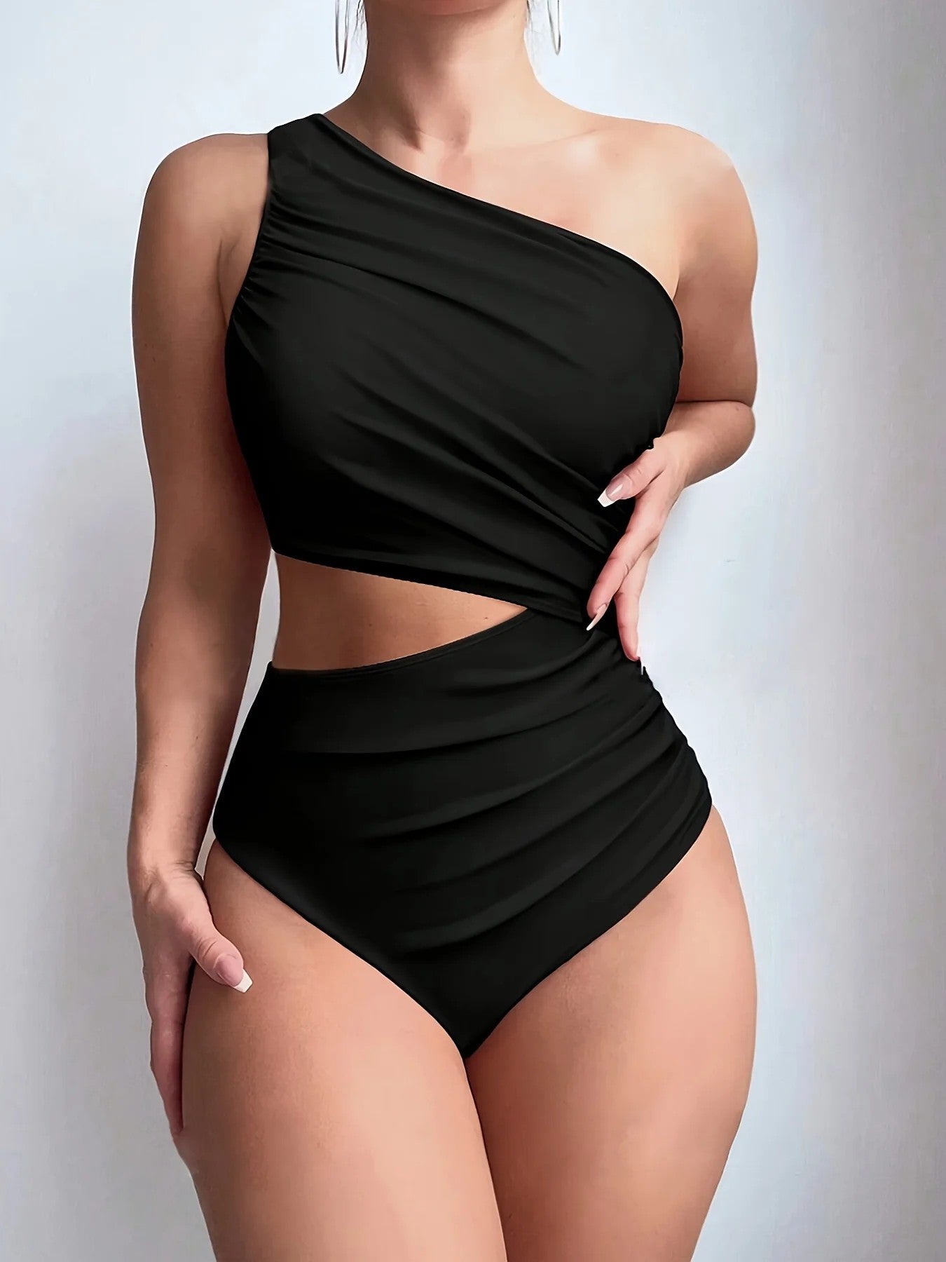 Asymmetrical Swimsuit With Draped Cutouts And High Waist