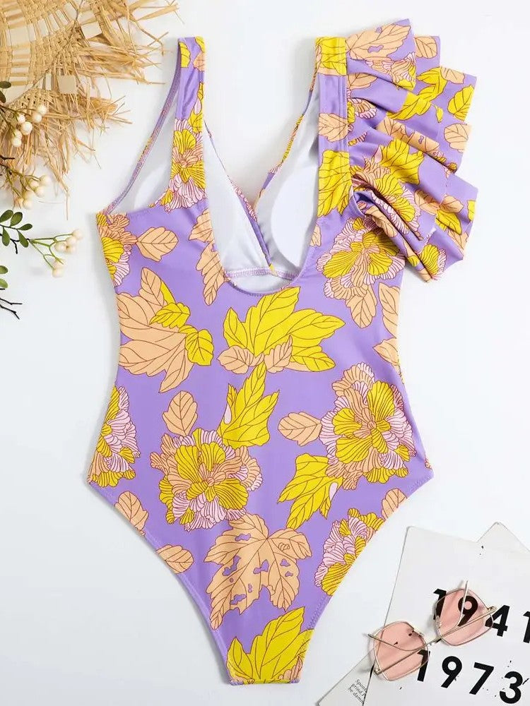 Floral Swimsuit And Asymmetrical Cover-Up With Slit Set