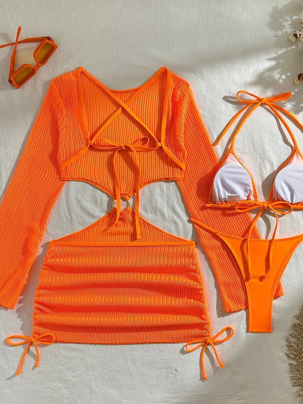 Triangle Bikini Set With Textured Long-Sleeve Top
