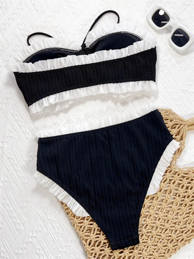 High-Waisted Textured Bikini With Contrasting Ruffles