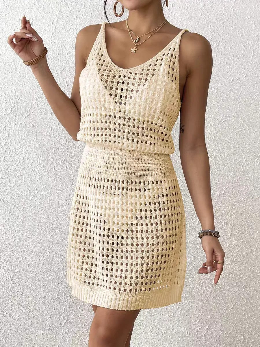 Short Knit Cover-Up With Thin Straps And Cutouts