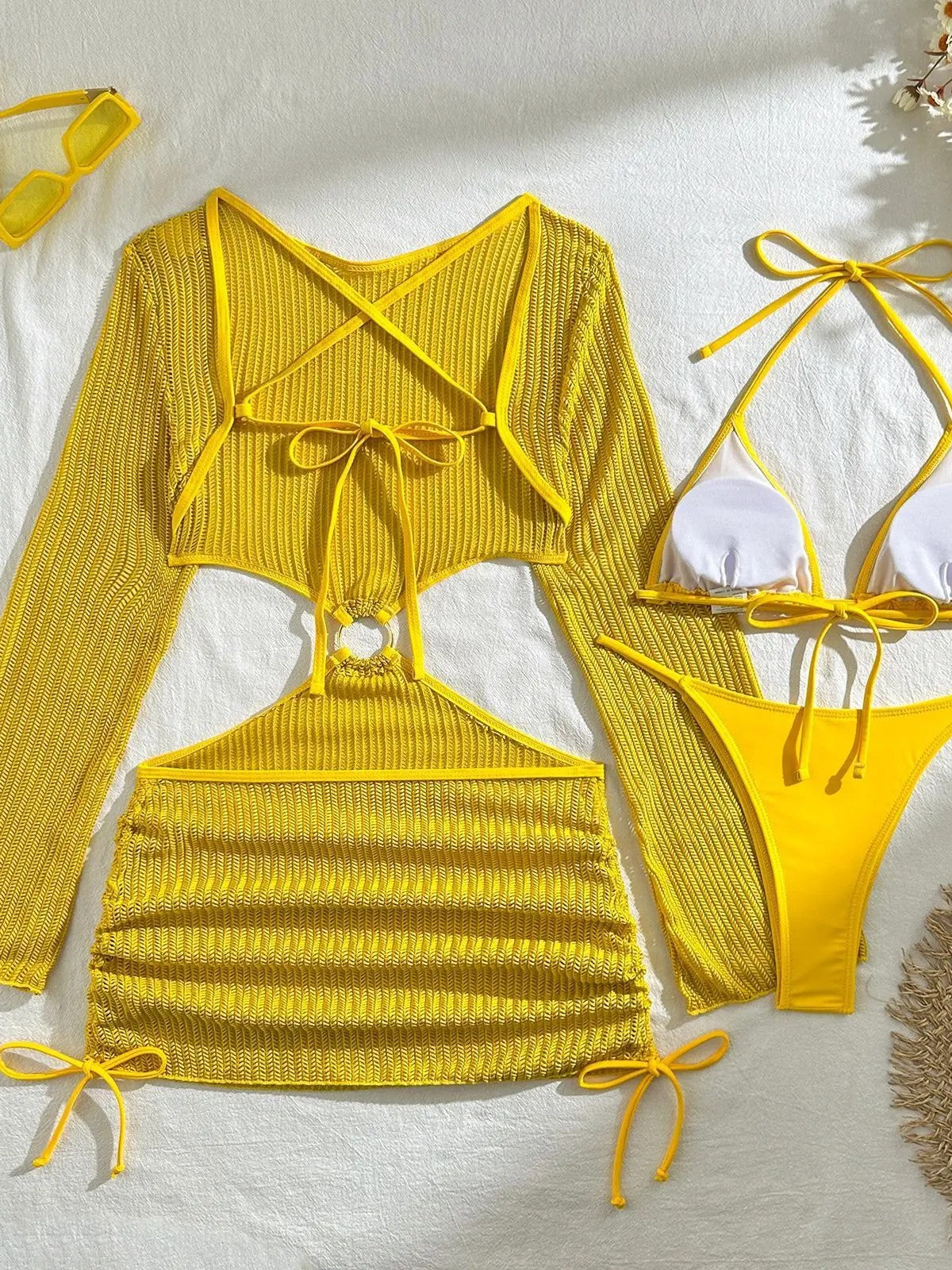 Triangle Bikini Set With Textured Long-Sleeve Top