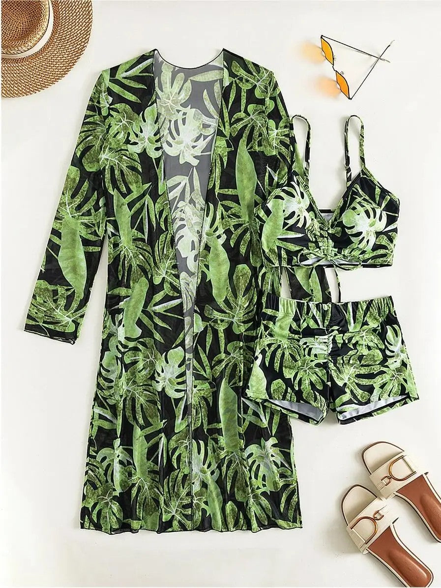 Bikini Set With Shorts And Tropical Print Cover-Up