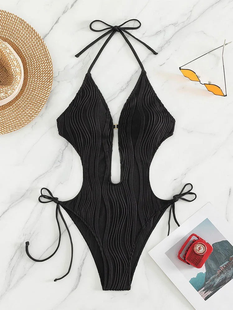Textured High-Cut Swimsuit With Front Cutout And Tie