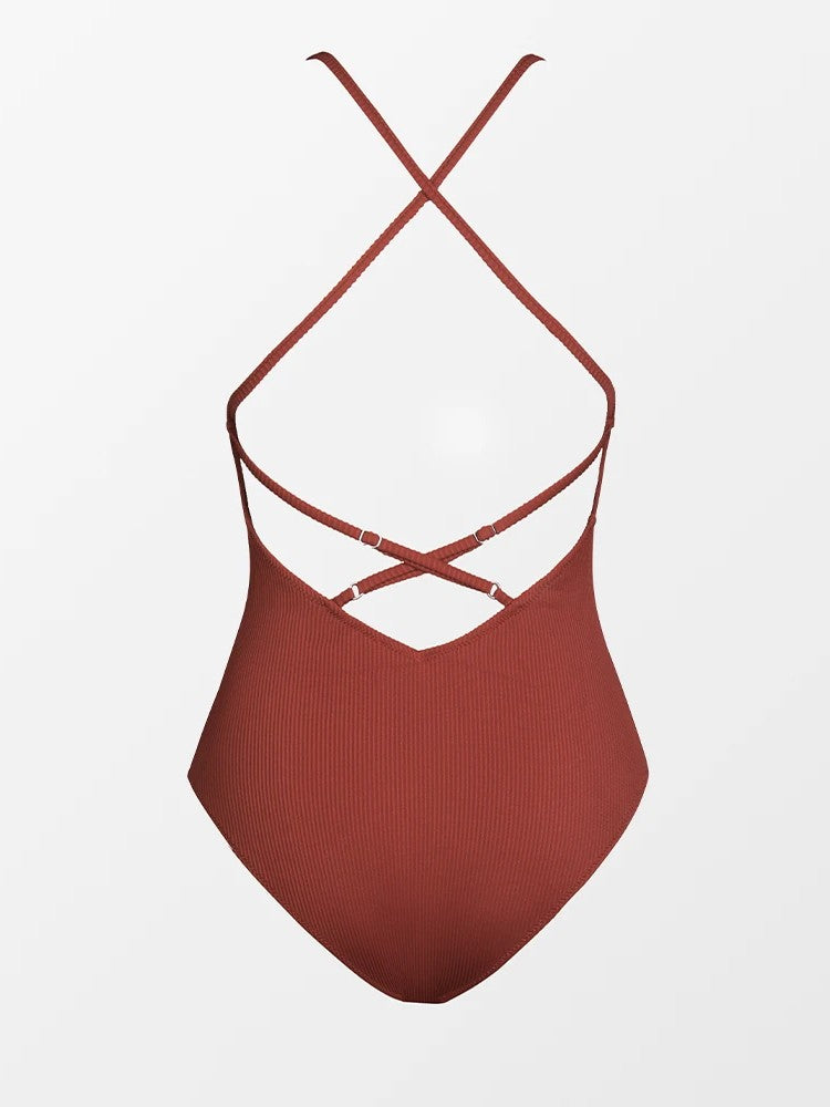 Textured Swimsuit With Deep V-Neckline And Front Tie