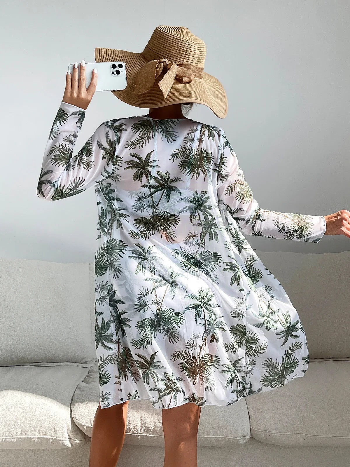 Bikini Set With Shorts And Tropical Print Cover-Up