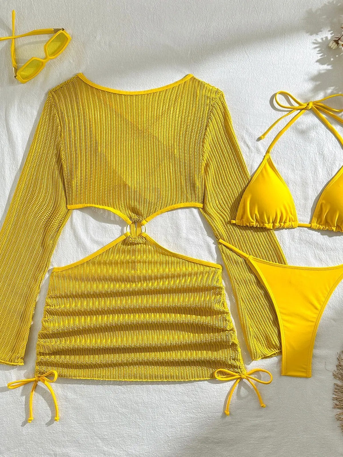 Triangle Bikini Set With Textured Long-Sleeve Top
