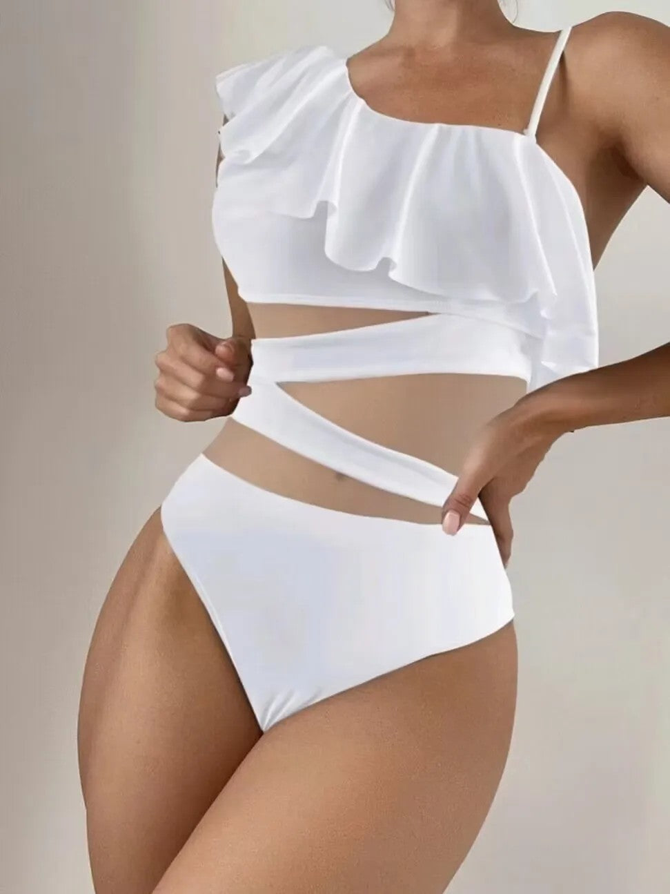 Asymmetrical Swimsuit With Ruffle Sheer Panels And Cutouts