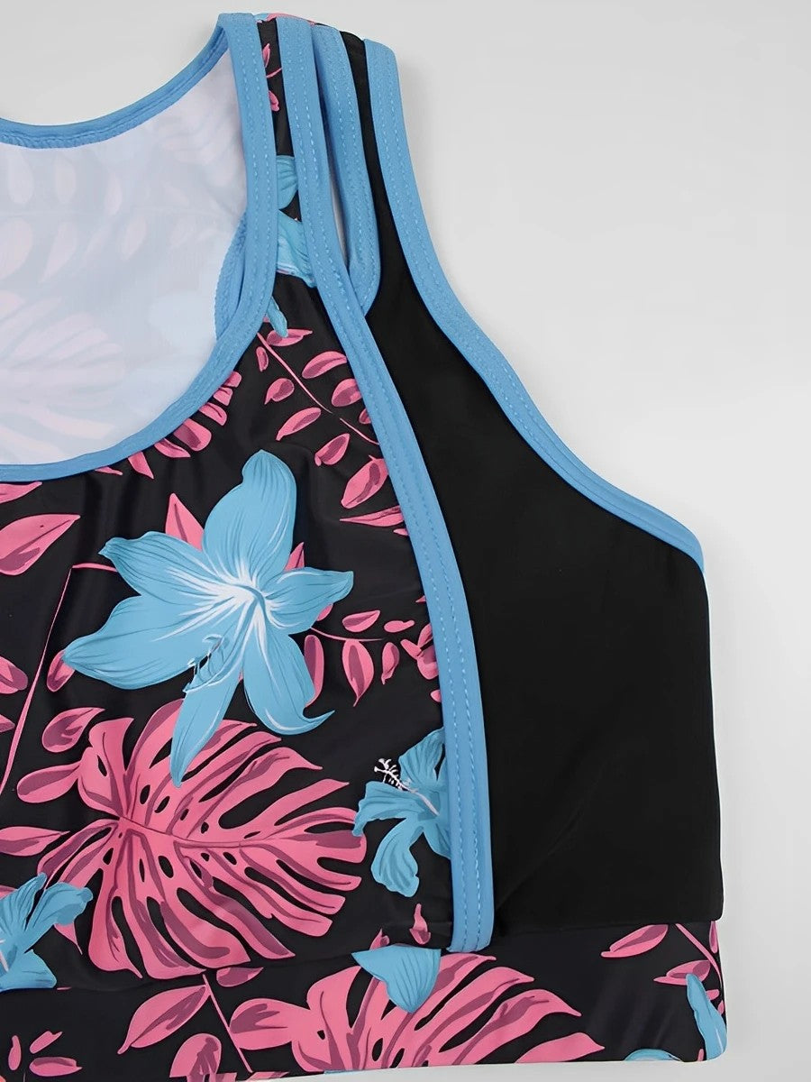 Printed Shorts Bikini With Cropped Top And Contrasting Detail