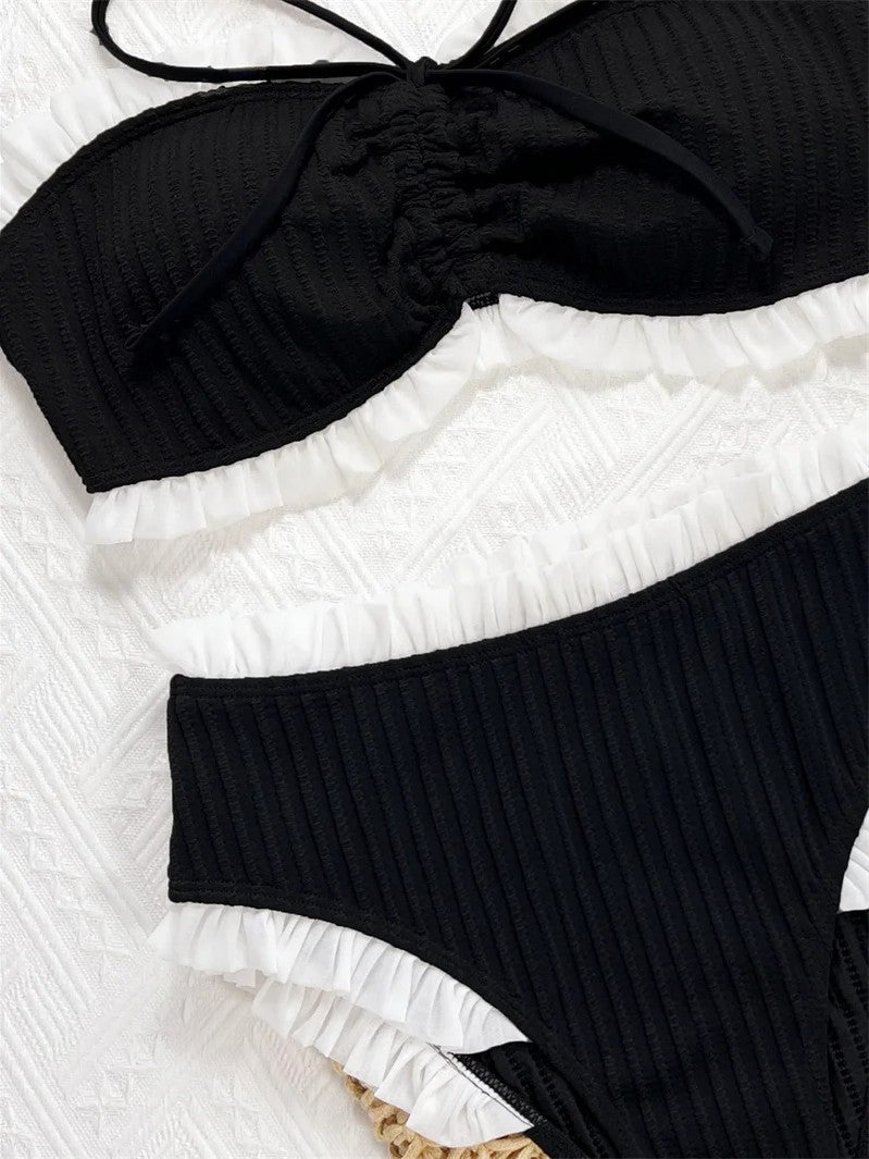High-Waisted Textured Bikini With Contrasting Ruffles