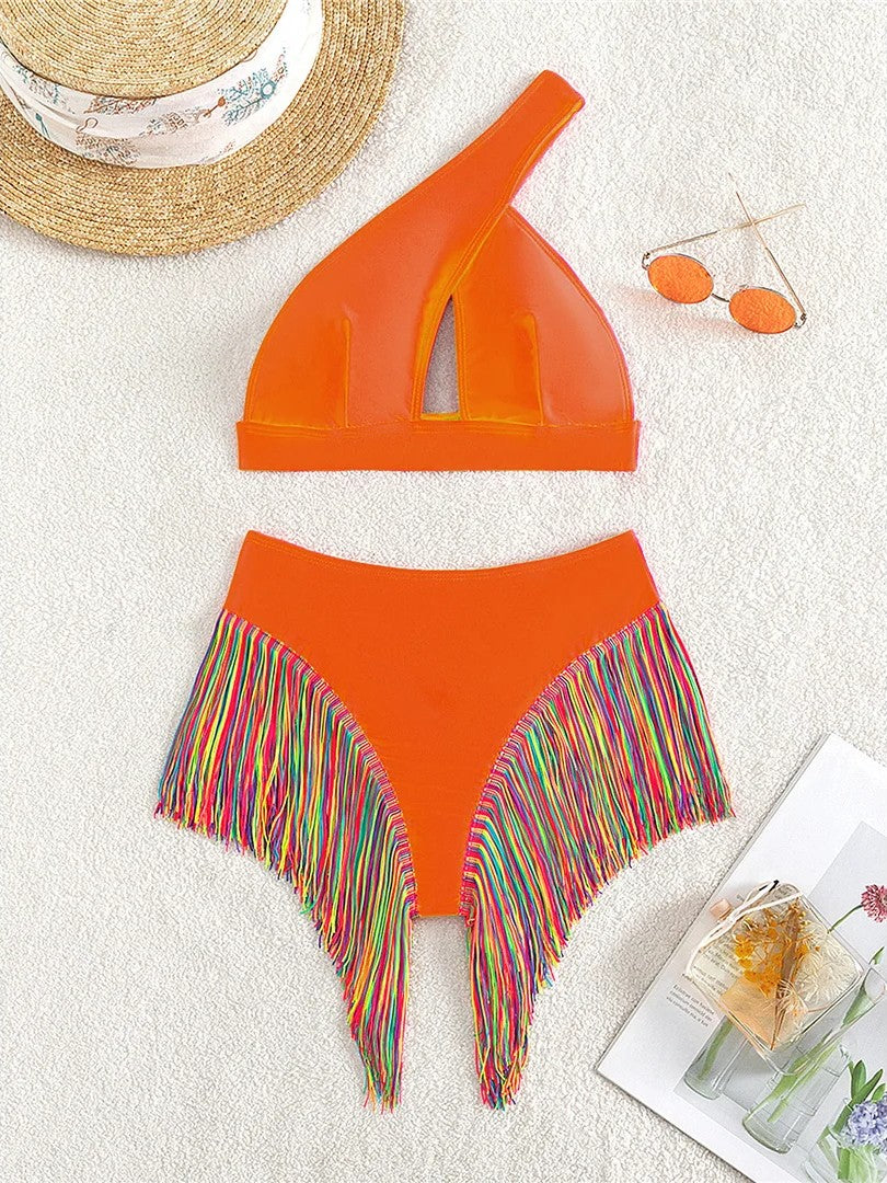 High-Waisted Bikini With Fringe And One-Shoulder Top