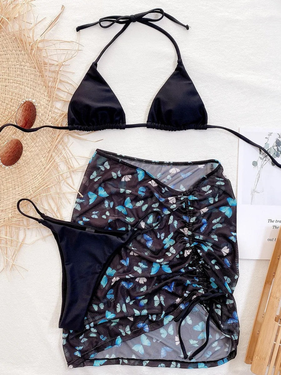 Triangle Bikini And Printed Draped Skirt Set