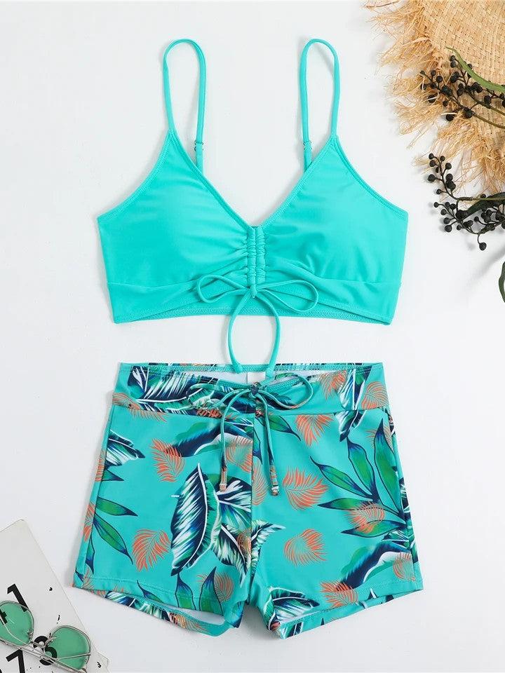 Printed Shorts Bikini With Ruched Top And Tie