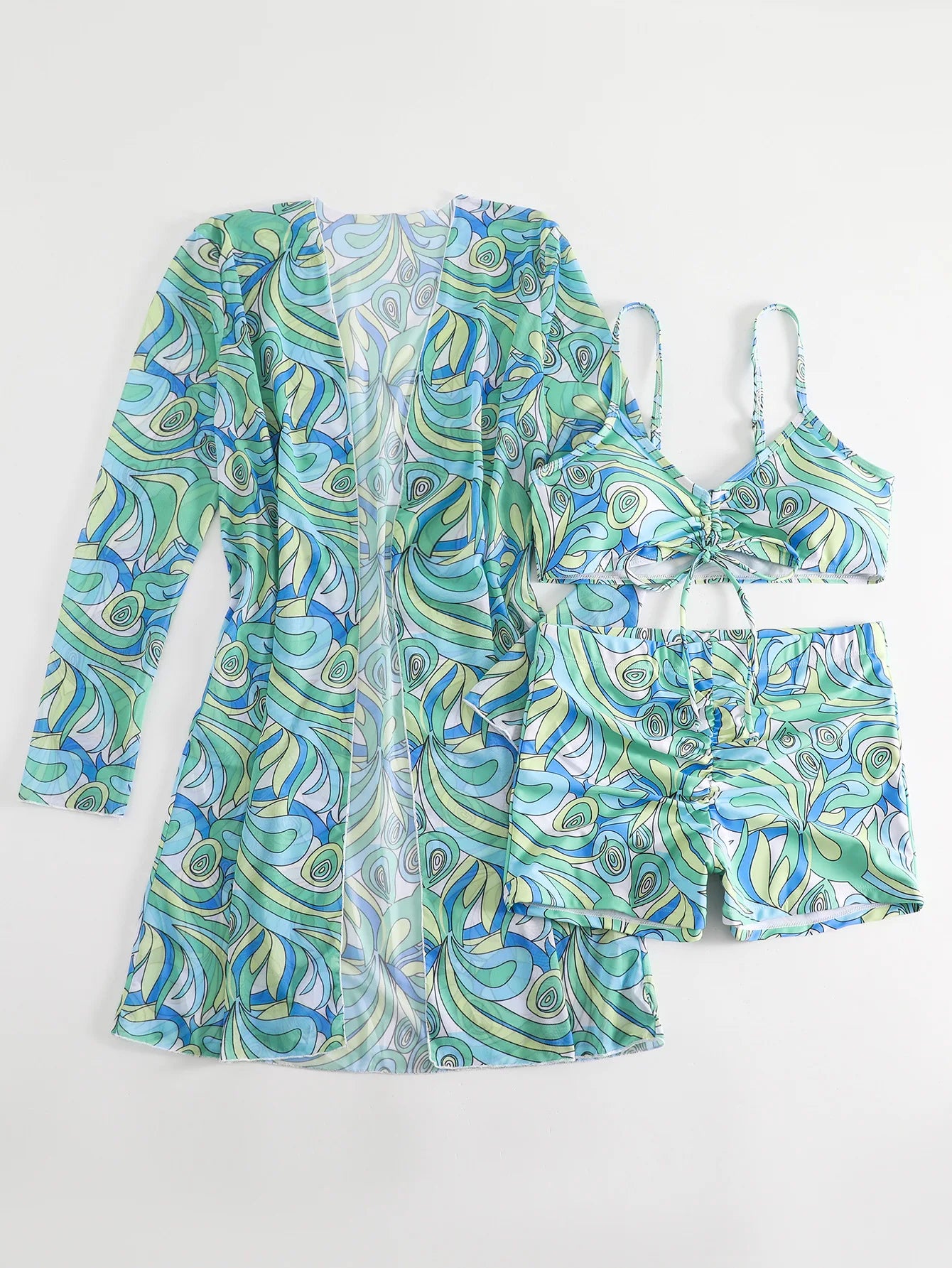 Bikini Set With Shorts And Printed Psychedelic Cover-Up