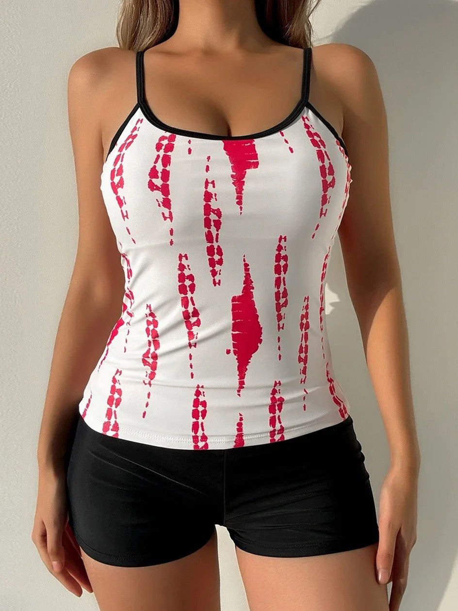 Printed Tankini With Thin Straps And Integrated Shorts