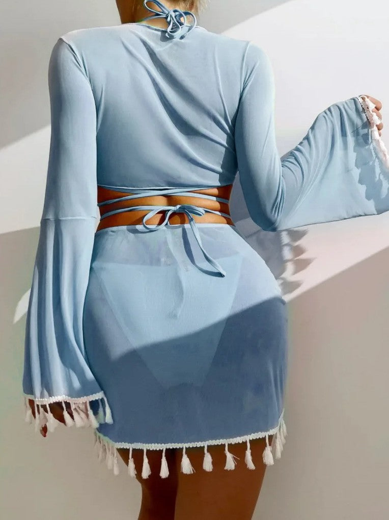 Bikini And Cover-Up Set With Tie And Fringe Details