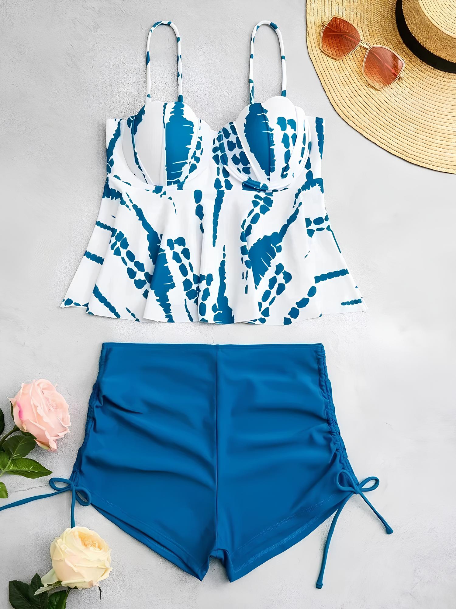 Printed Tankini With Structured Padding And Adjustable Shorts