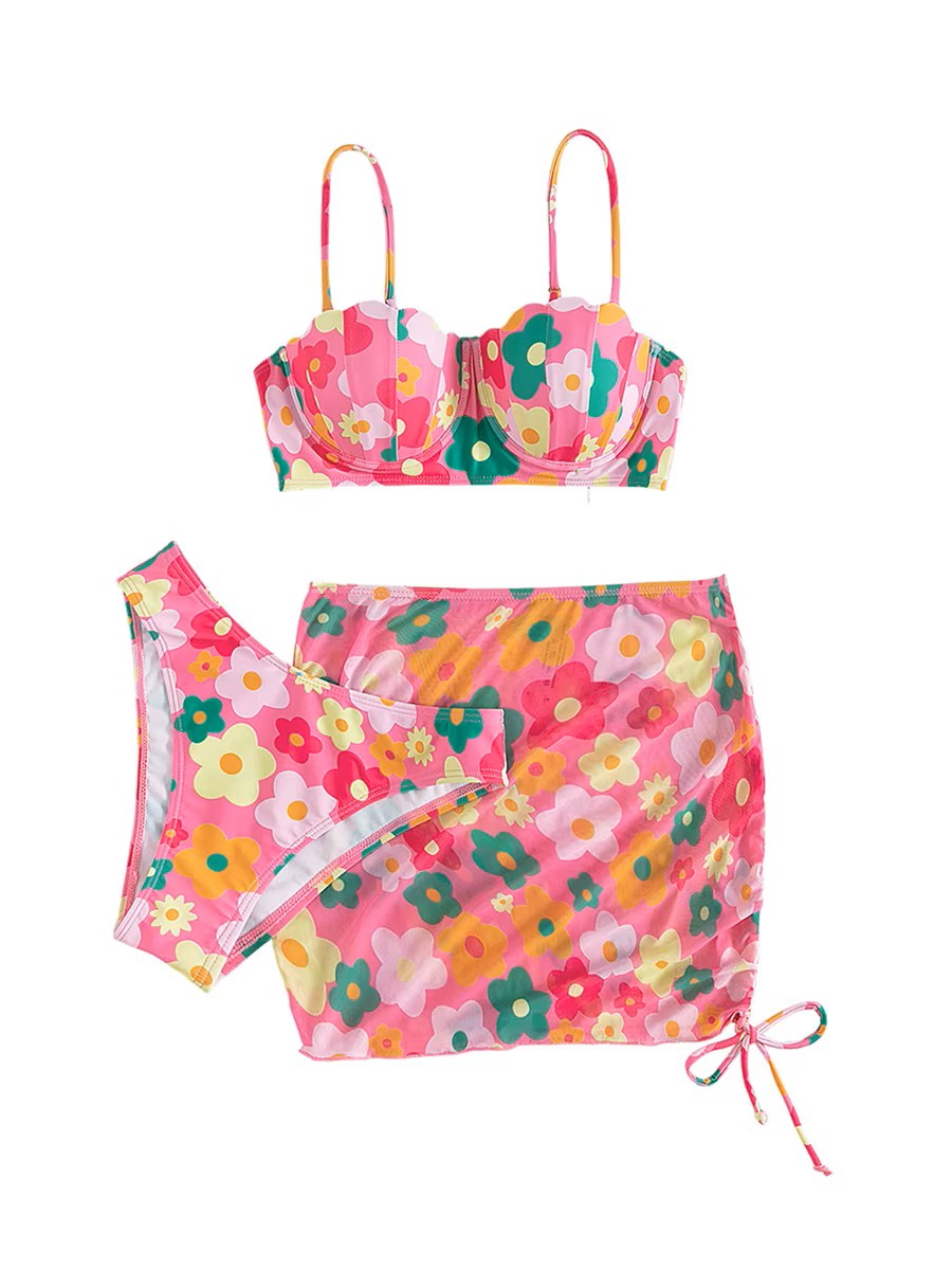 Structured Bikini And Floral Printed Skirt Set