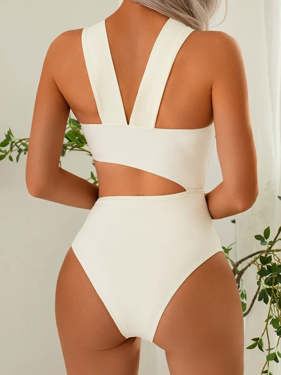 Asymmetrical Swimsuit With Flower Appliqué And Side Cutout