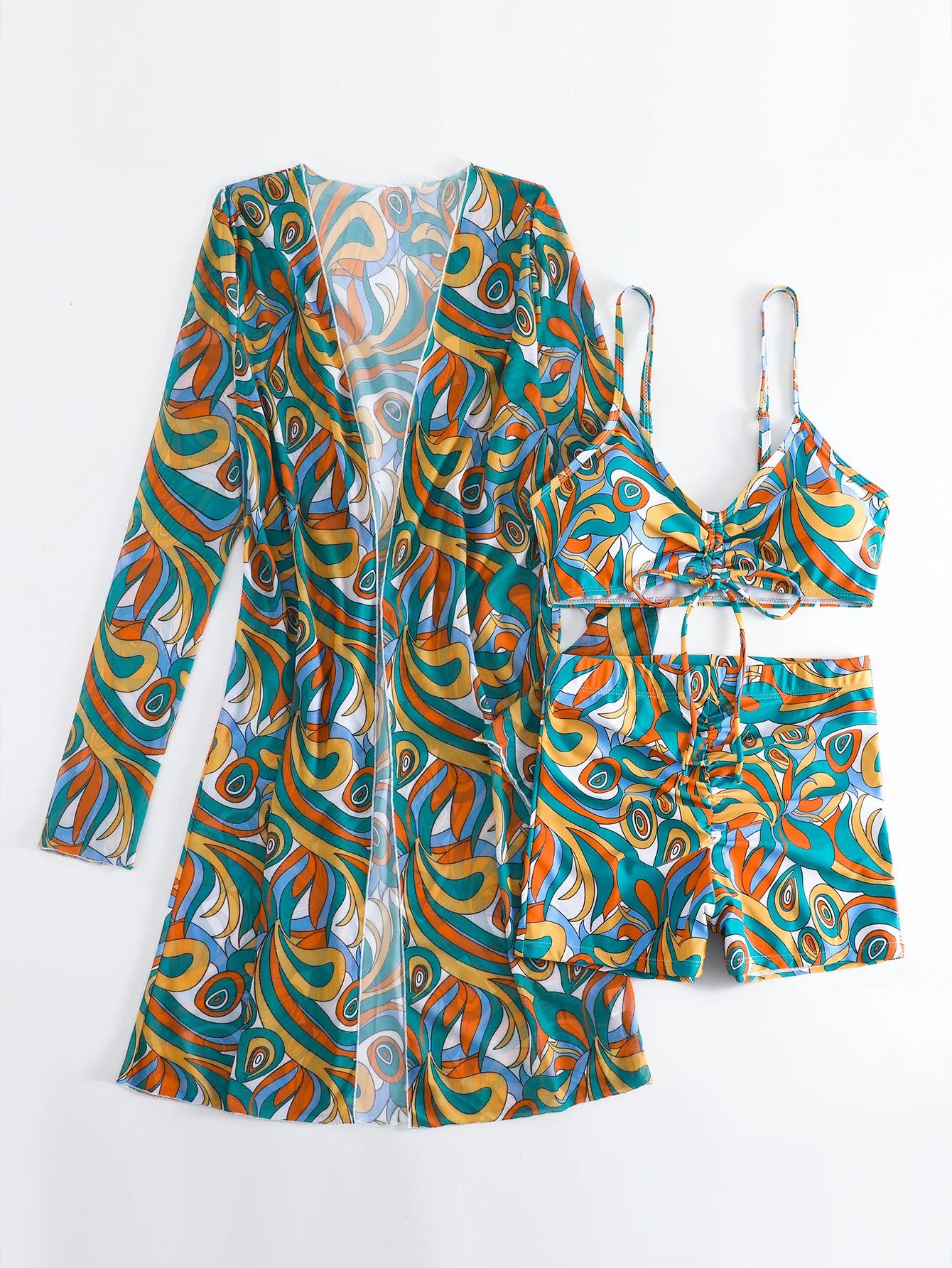 Bikini Set With Shorts And Printed Psychedelic Cover-Up