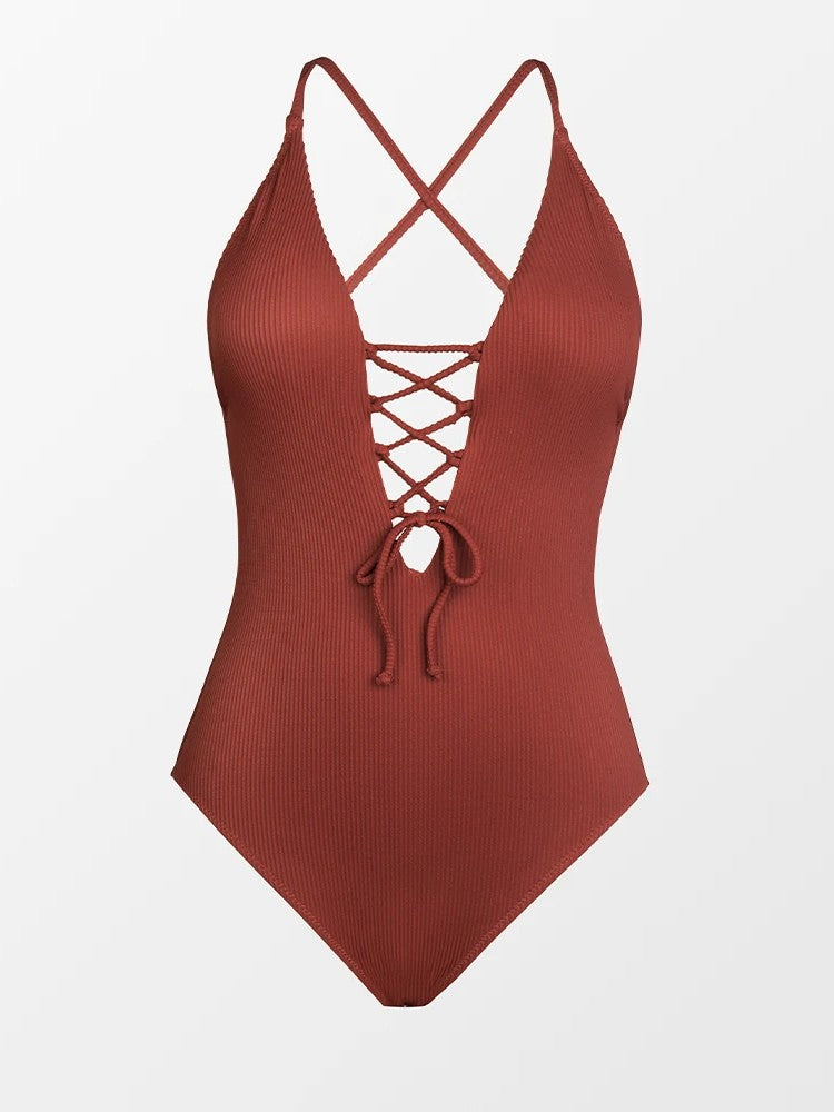 Textured Swimsuit With Deep V-Neckline And Front Tie