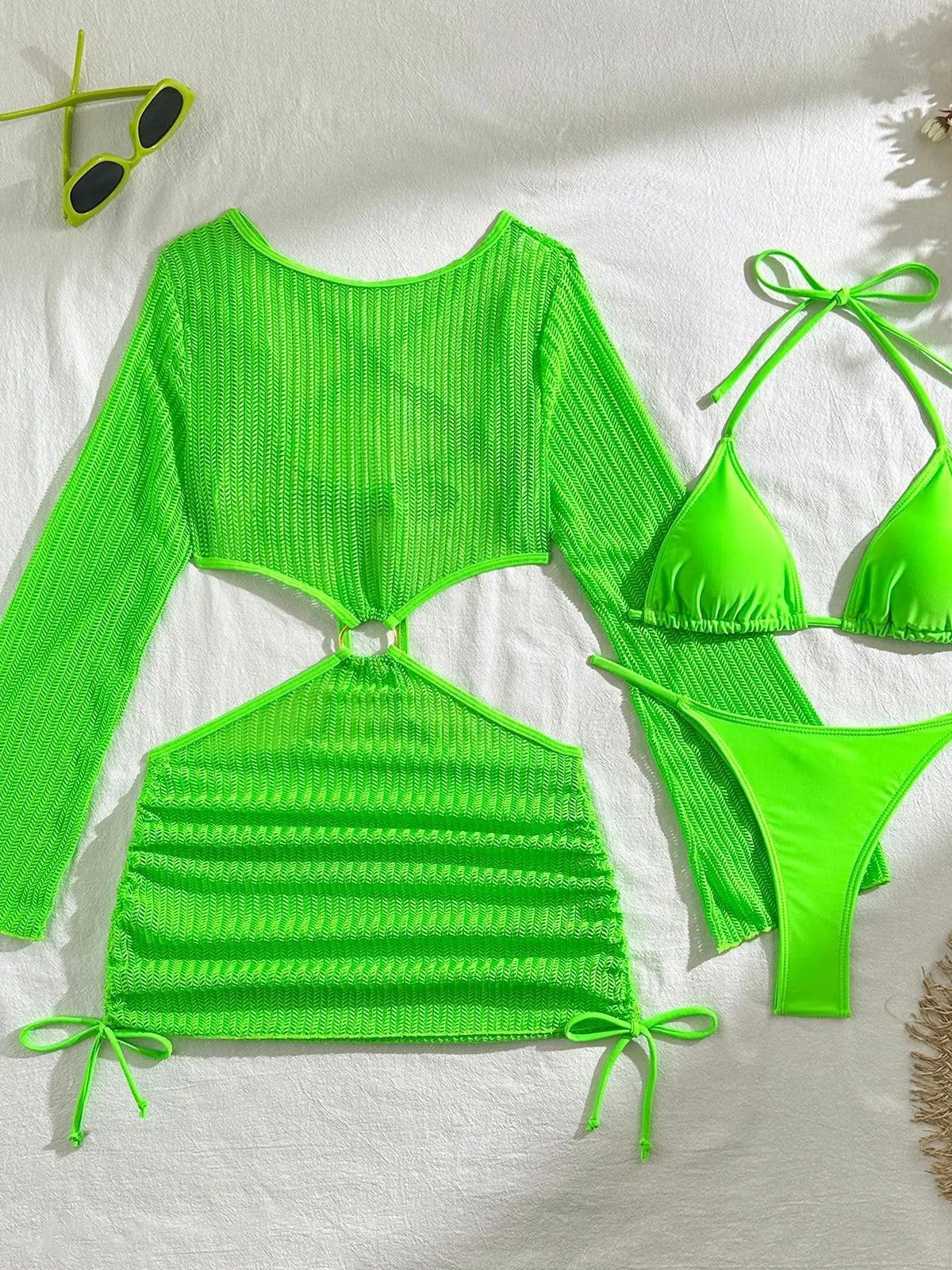 Triangle Bikini Set With Textured Long-Sleeve Top
