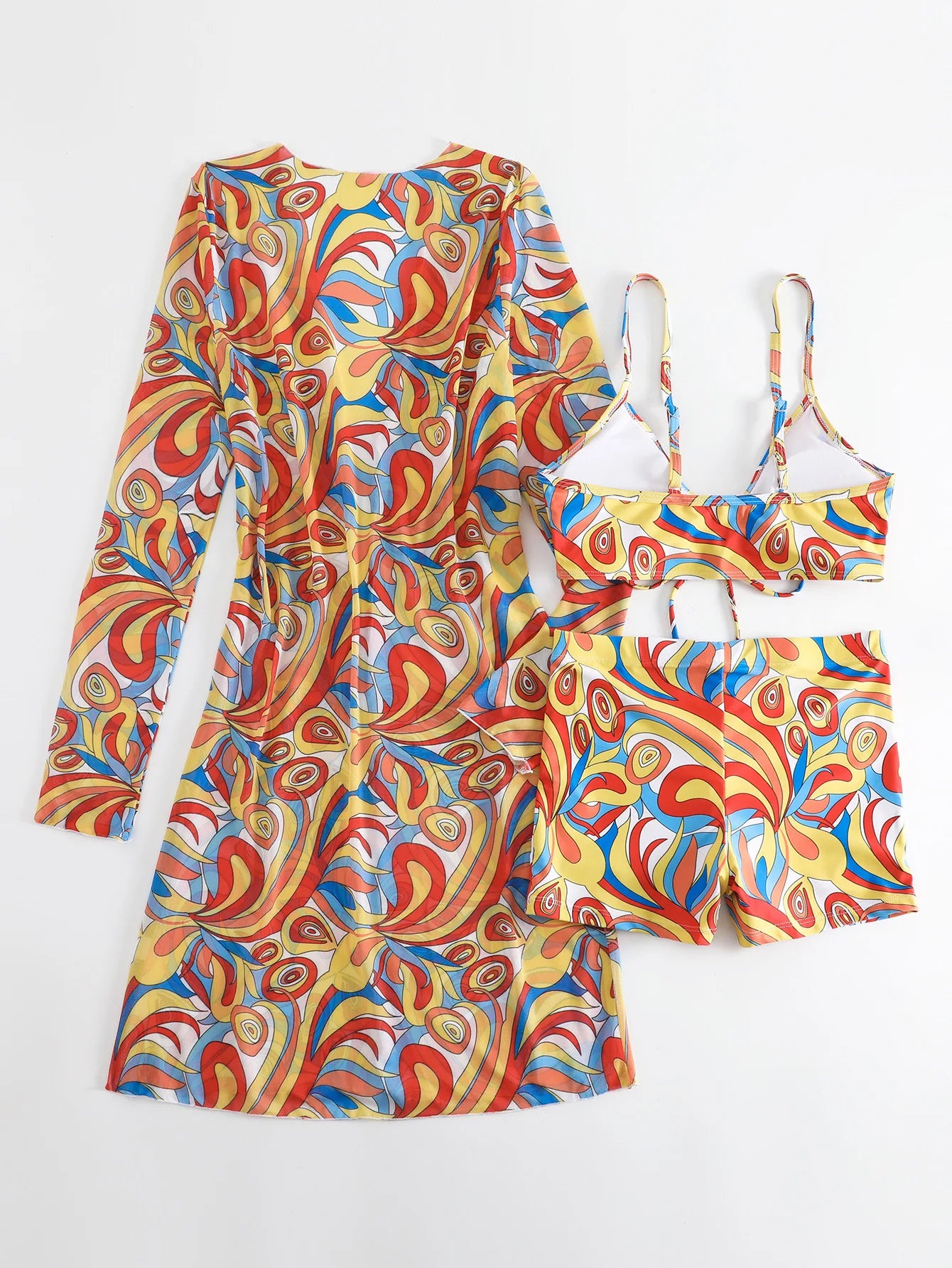 Bikini Set With Shorts And Printed Psychedelic Cover-Up