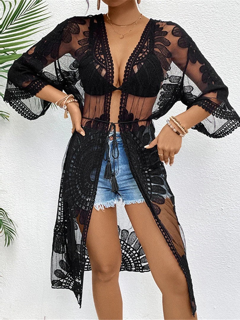 Long Lace Cover-Up With Elegant Sheer Panels