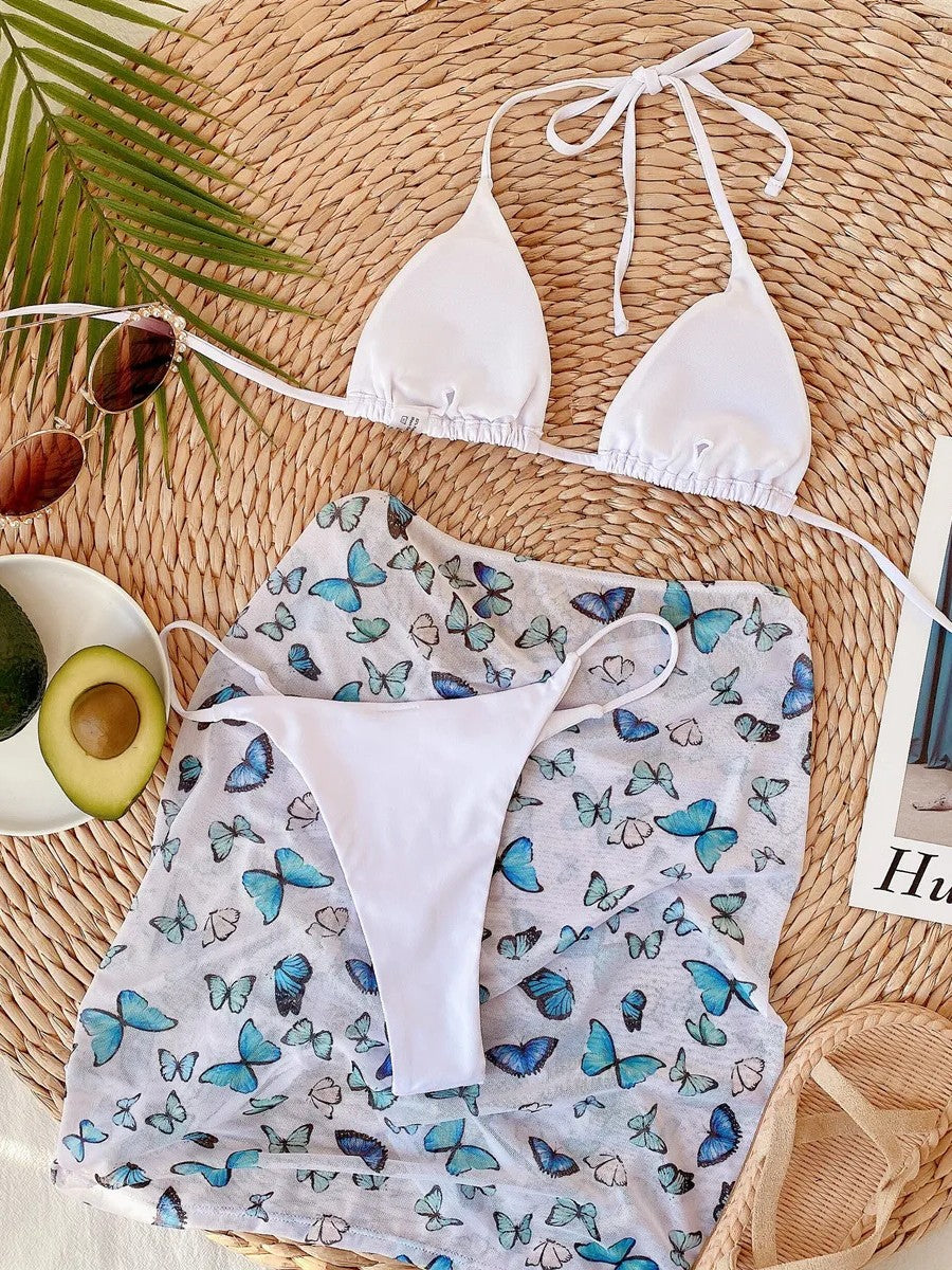 Triangle Bikini And Printed Draped Skirt Set