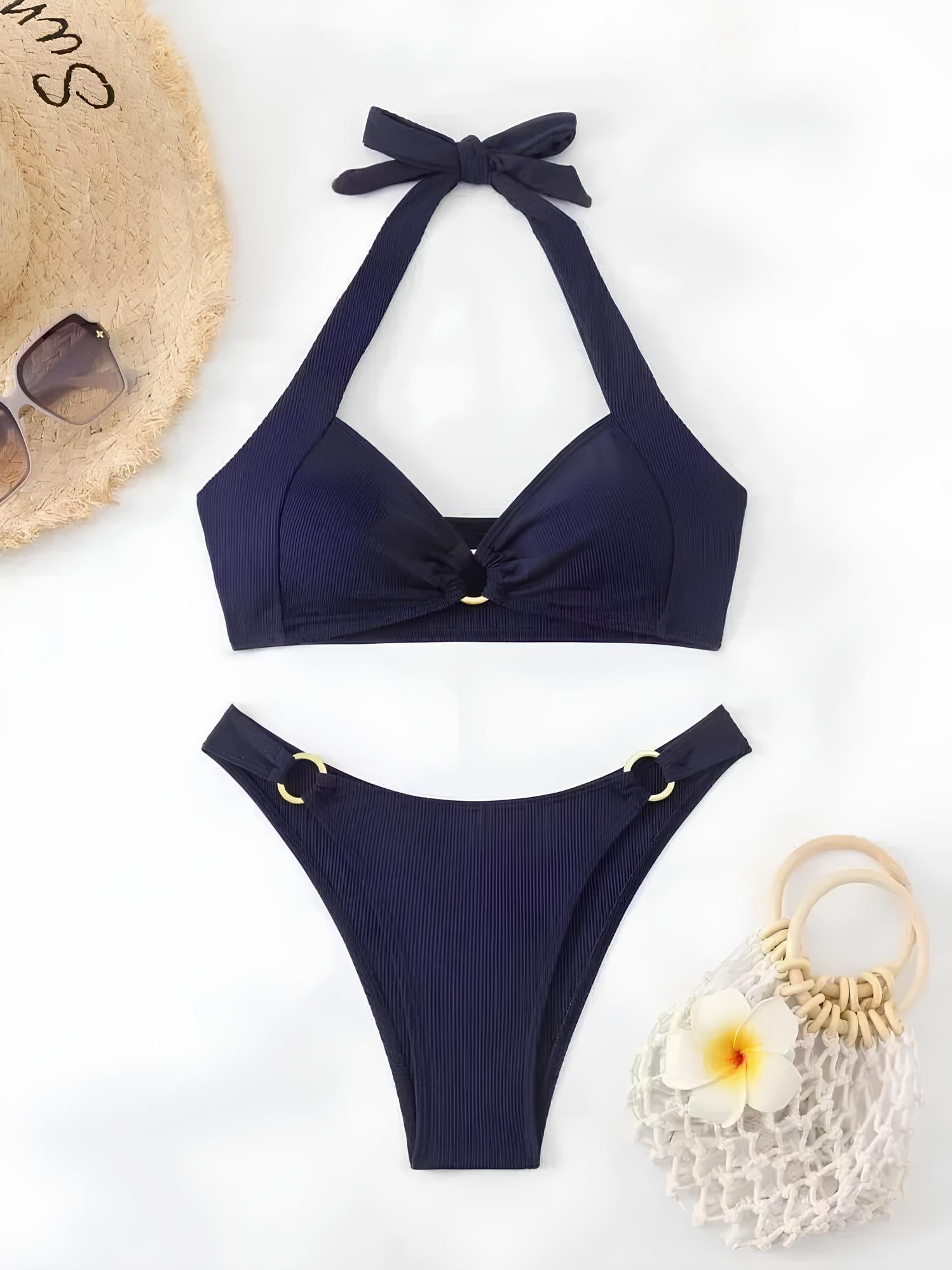 Textured Bikini With Rings And Halter Neckline