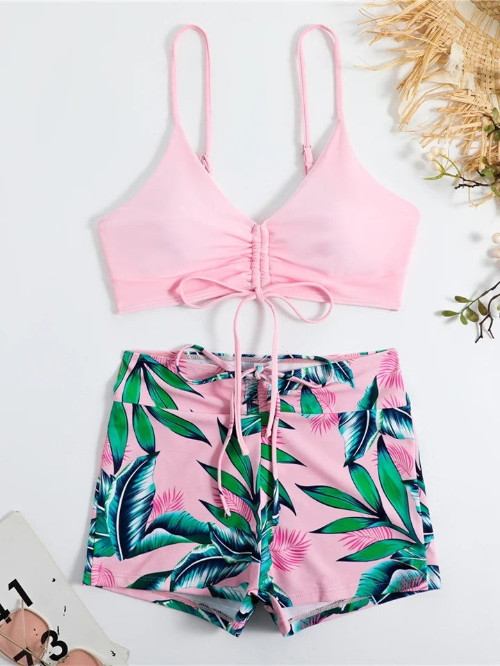 Printed Shorts Bikini With Ruched Top And Tie