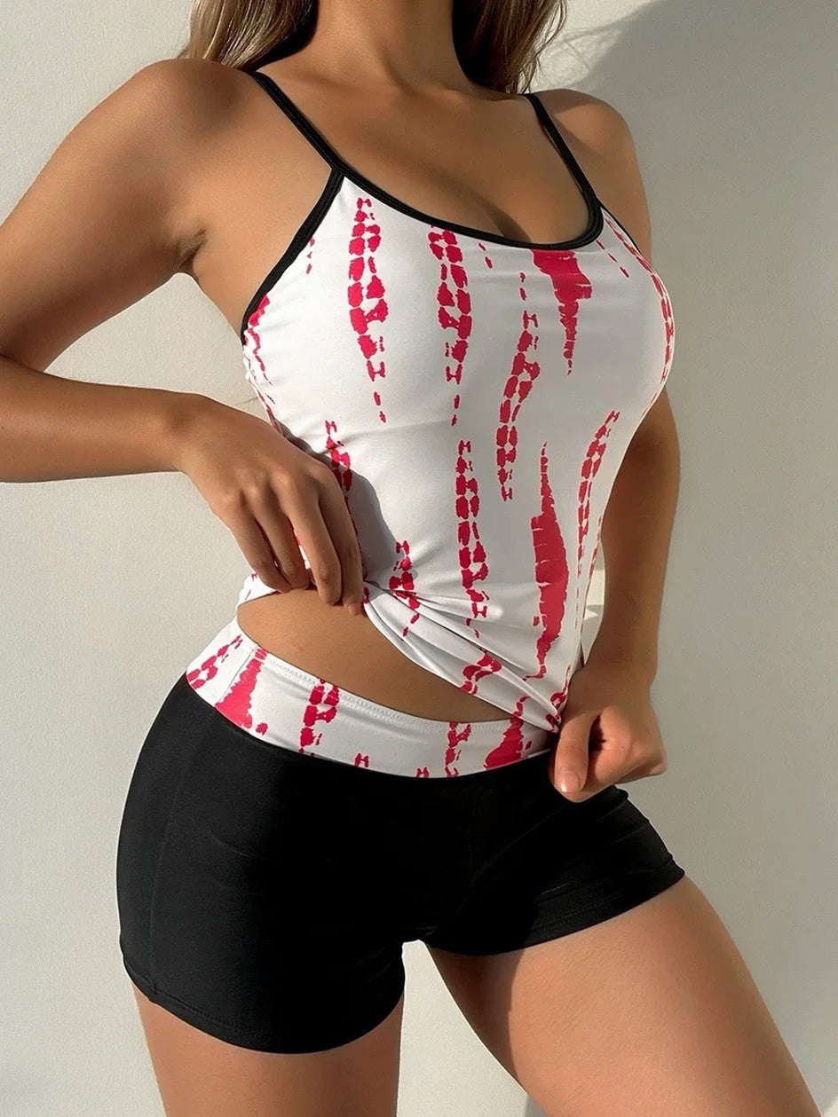 Printed Tankini With Thin Straps And Integrated Shorts