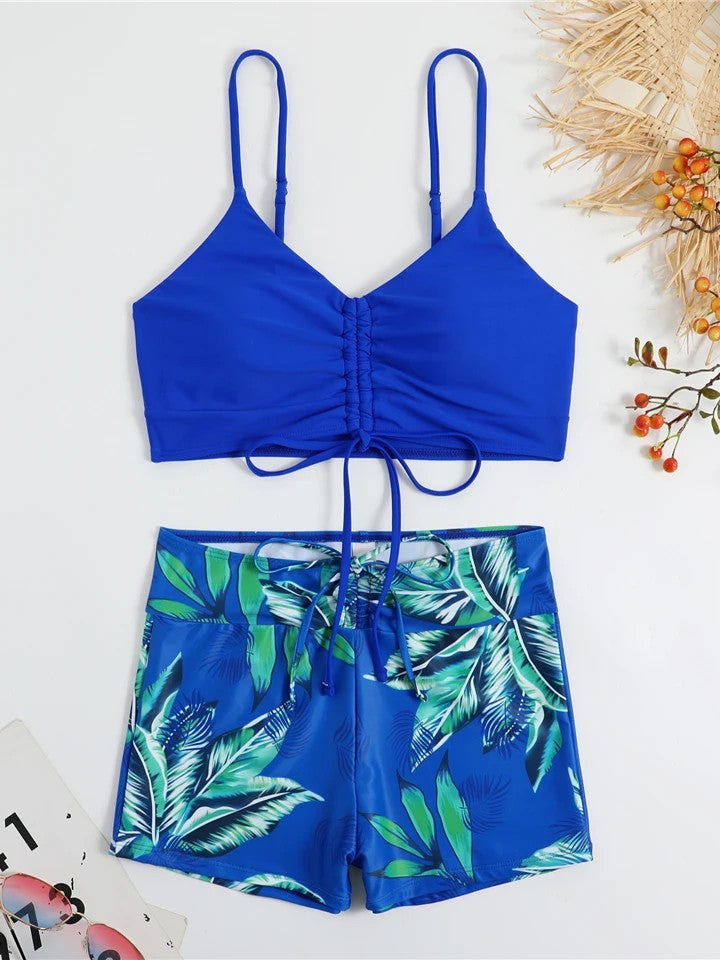 Printed Shorts Bikini With Ruched Top And Tie