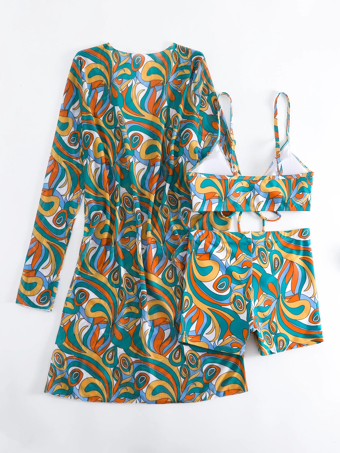 Bikini Set With Shorts And Printed Psychedelic Cover-Up
