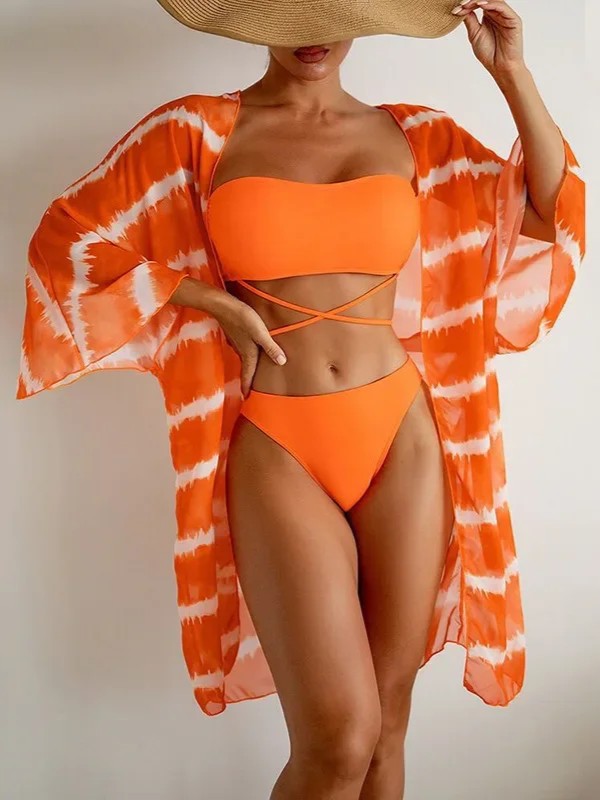 Strapless Bikini And Printed Cover-Up Set