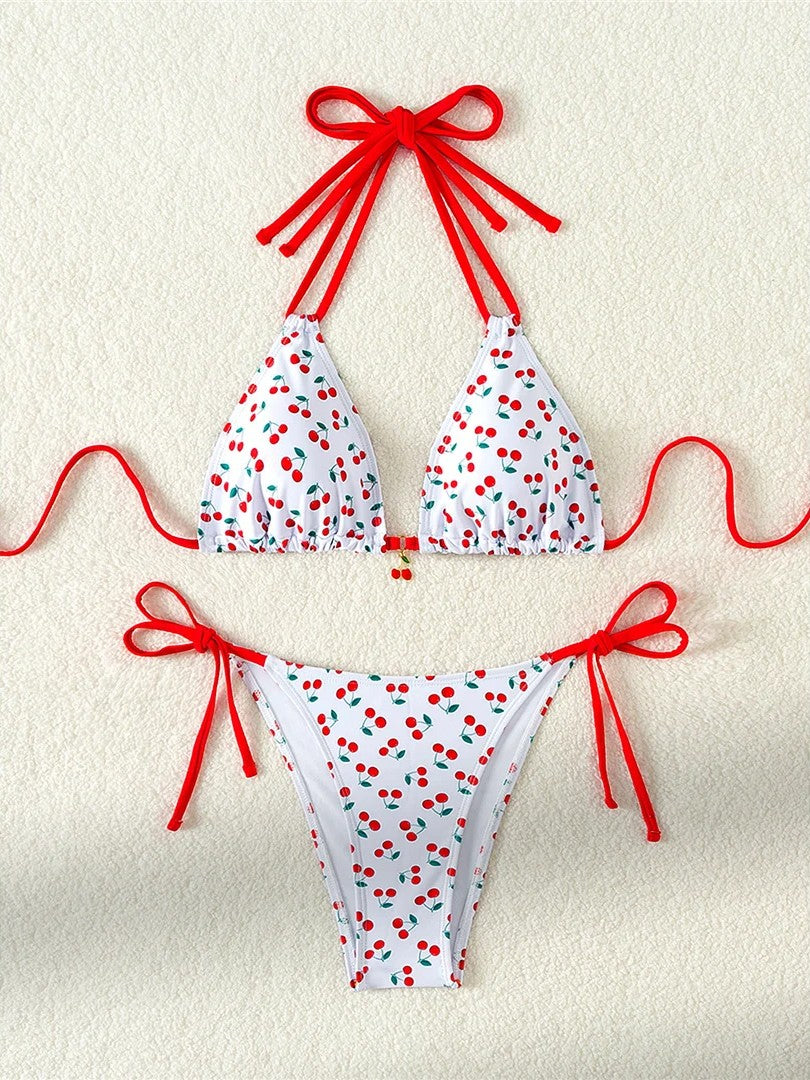 Printed Triangle Bikini With Tie And Pendant