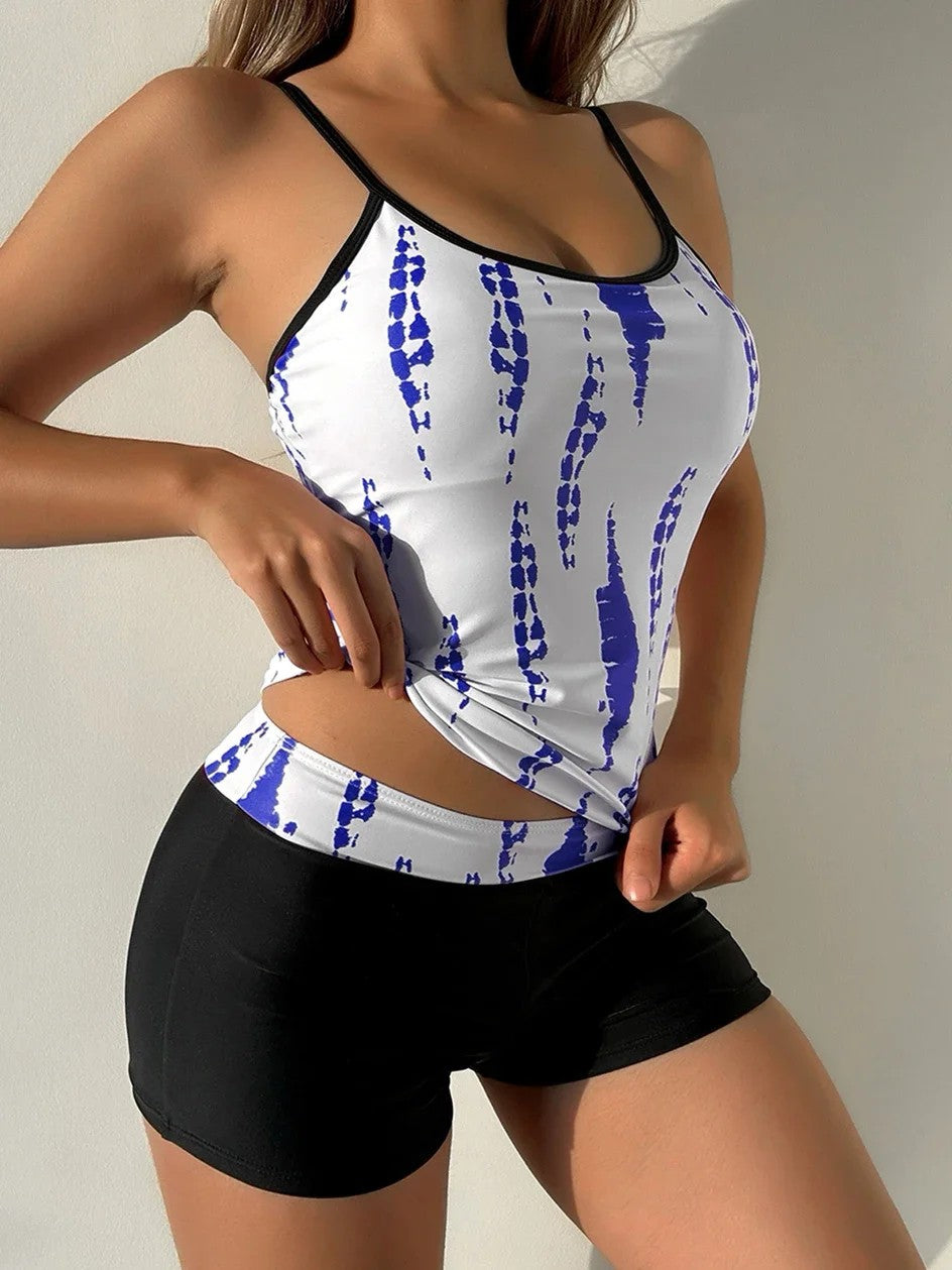 Printed Tankini With Thin Straps And Integrated Shorts