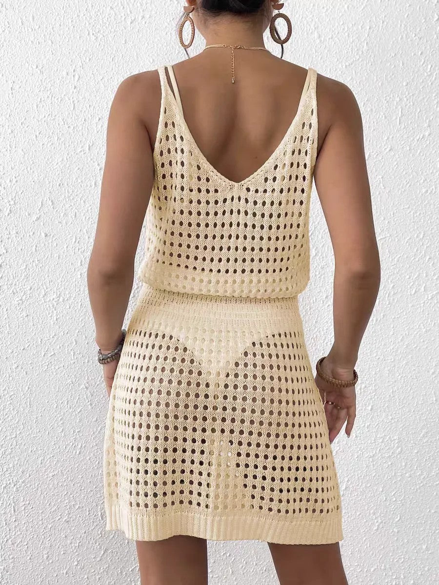 Short Knit Cover-Up With Thin Straps And Cutouts