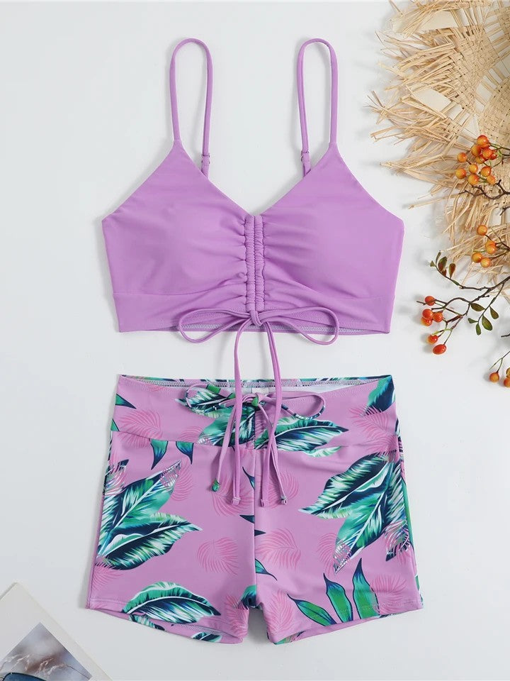 Printed Shorts Bikini With Ruched Top And Tie