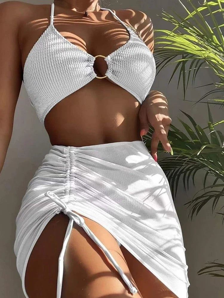 Textured Bikini Set With Adjustable Tulle Skirt