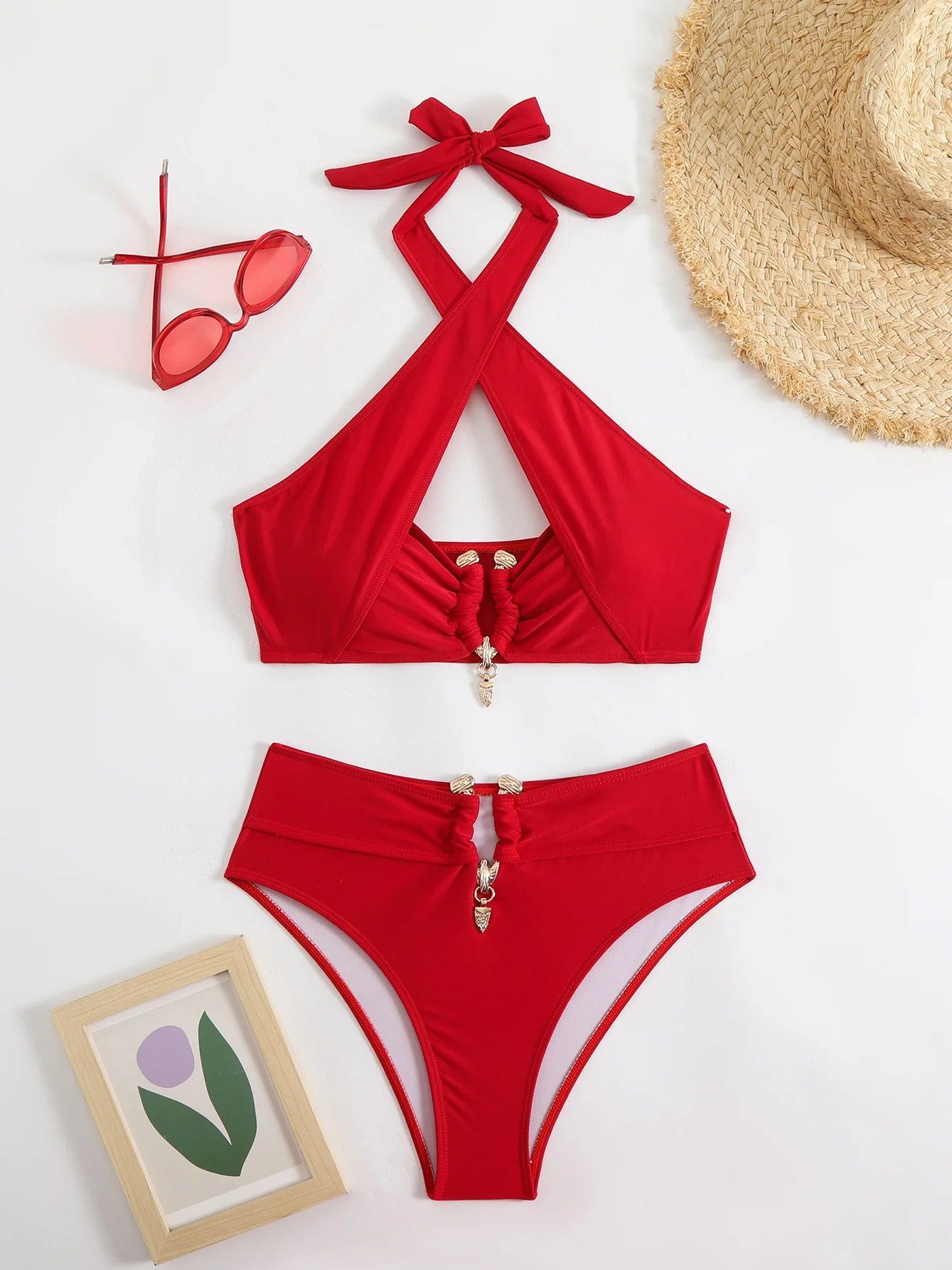 High-Waisted Bikini With Rings And Crossed Neckline