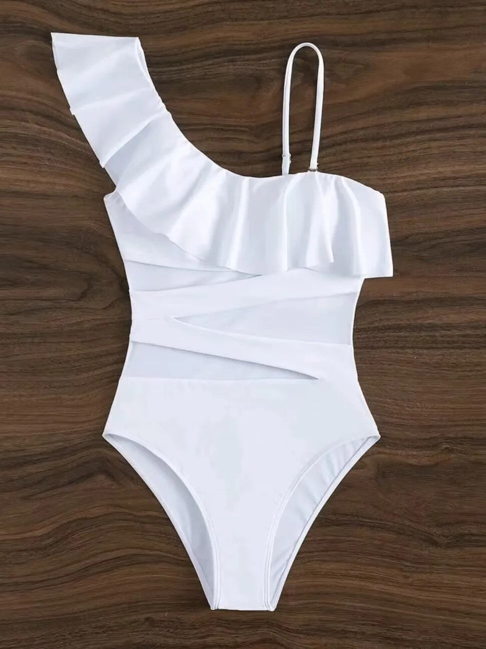 Asymmetrical Swimsuit With Ruffle Sheer Panels And Cutouts