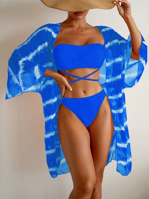 Strapless Bikini And Printed Cover-Up Set