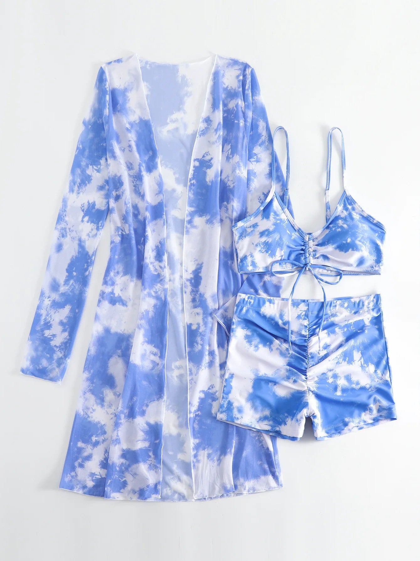 Bikini Set With Shorts And Tropical Print Cover-Up