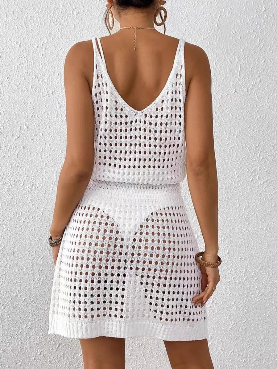 Short Knit Cover-Up With Thin Straps And Cutouts