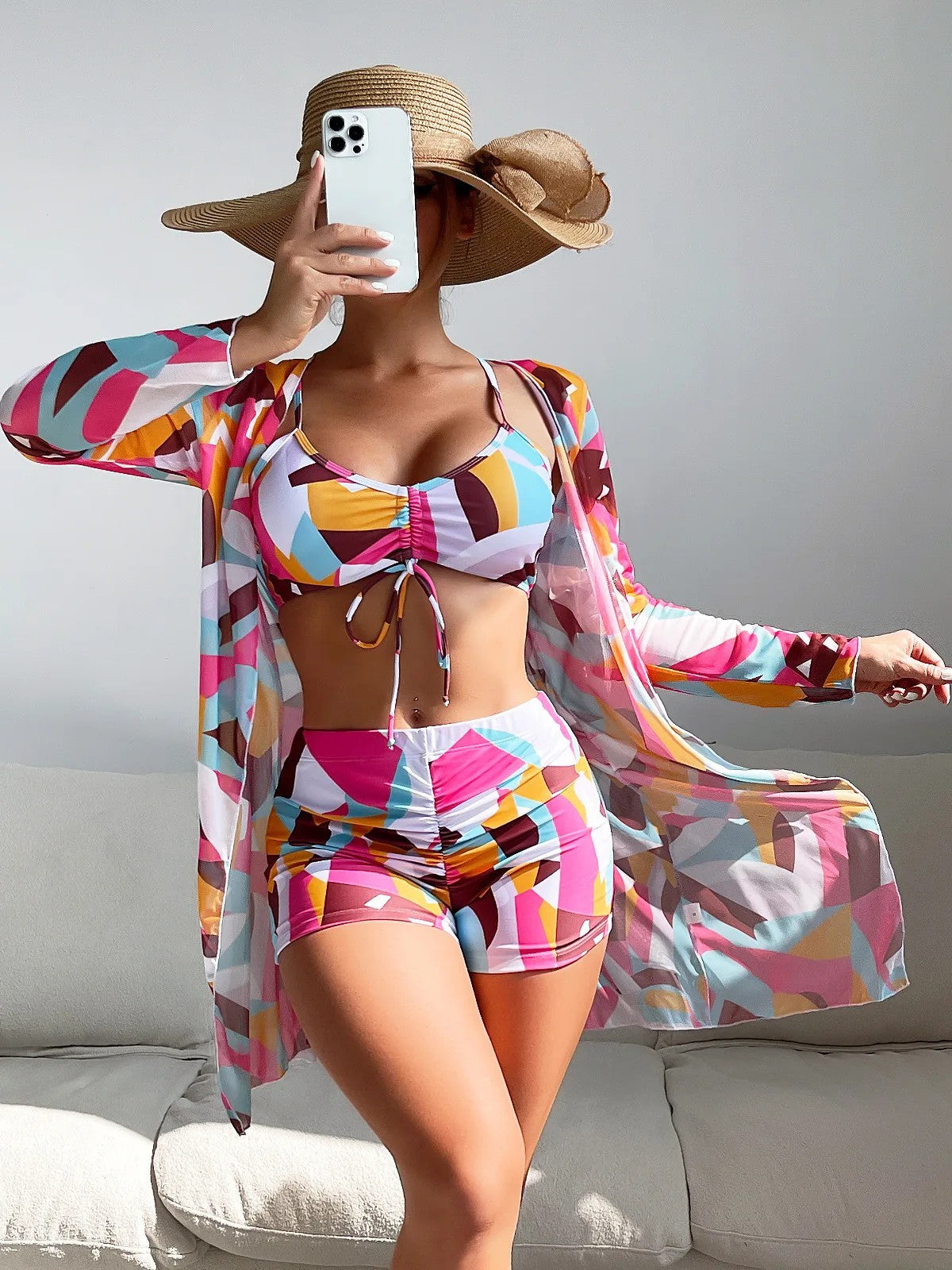 Bikini Set With Shorts And Tropical Print Cover-Up