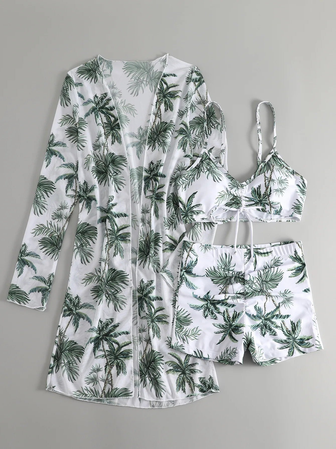 Bikini Set With Shorts And Tropical Print Cover-Up